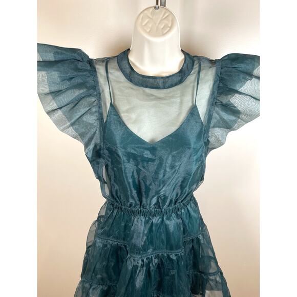 Jonathan Simkhai Monique Ruffle Sheer Organza Tulle Tiered Green Mini Dress Sz 2 - Picture 5 of 10